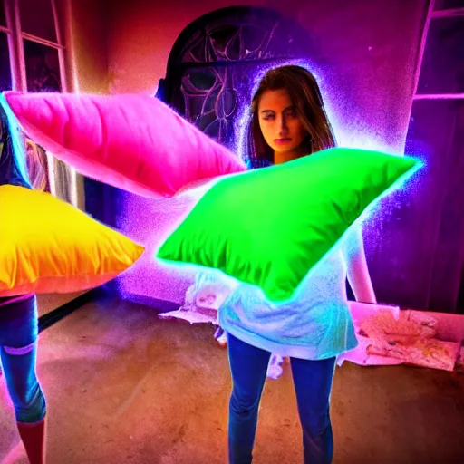 Prompt: teenage girls pillow fight detailed hdr focus stunning visuals neon tones