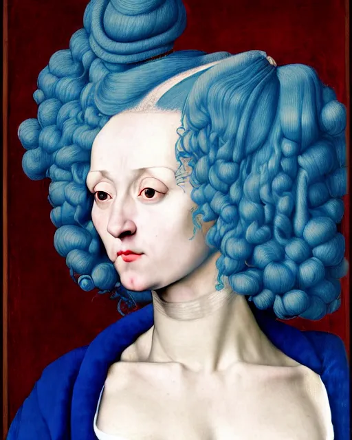 Prompt: photorealistic portrait of a woman with blue hair and big hair hair curlers, wearing a baggy pajamas, intricate details, highly detailed, in the style of rogier van der weyden and jacopo da pontormo, punk, masterpiece