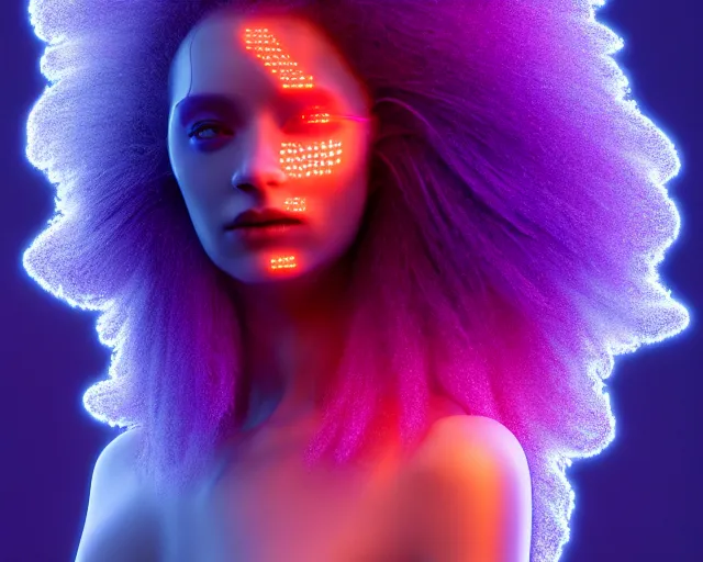 Image similar to glowing hair, complex cybernetic beings, beautiful hairy humanoids, cybermagnetosphere, cybernetic civilizations, ornate hair, love, joy, vortexes, large arrays, data holograms, 8 k, cinematic light shadows, wet hdr refractions, *, * * *, * * * * *