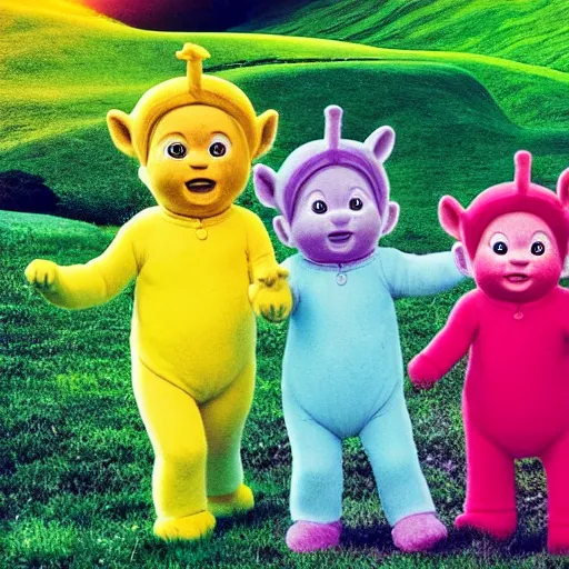 Prompt: Trail cam footage of the Teletubbies