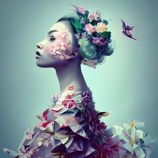 Image similar to 3 / 4 view of a beautiful girl wearing an origami dress, eye - level medium shot, fine floral ornaments in cloth and hair, hummingbirds, elegant, by eiko ishioka, givenchy, banksy, by peter mohrbacher, centered, fresh colors, origami, fashion, detailed illustration, vogue, japanese, reallusion character creator