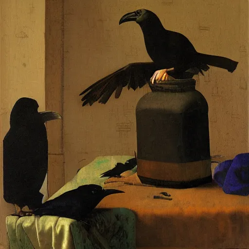 Prompt: painting of smoking ravens, Johannes Vermeer