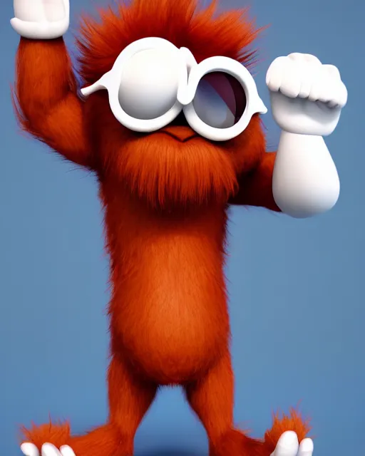 Image similar to 3 d render of completely red hairy friendly antropomorphic cartoony creature wearing white ray - ban shades, full body, simple, no nose, smiling, cute, white background, unreal engine 5 hdr