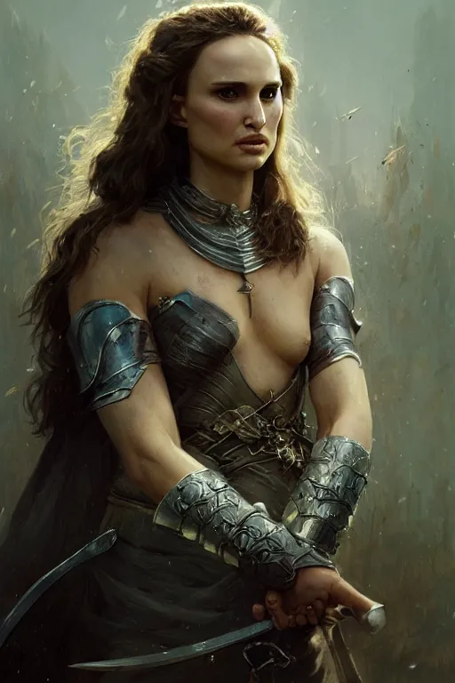 Image similar to natalie portman, legendary warrior, heroic, lord of the rings, tattoos, decorative ornaments, battle armor, by carl spitzweg, ismail inceoglu, vdragan bibin, hans thoma, greg rutkowski, alexandros pyromallis, perfect face, fine details, realistic shading photorealism