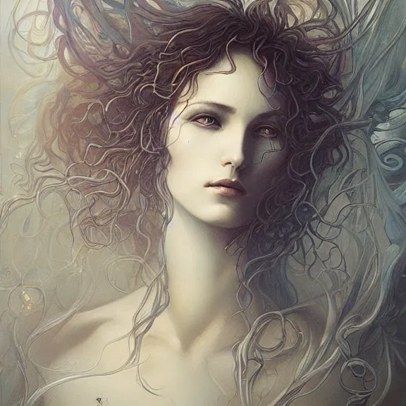 Image similar to a highly detailed beautiful portrait in the style of jean delville and in the style of peter mohrbacher.