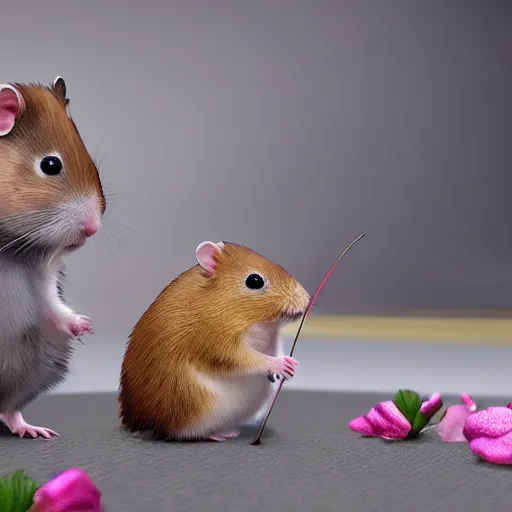 Image similar to A hamster holding a bow, photorealistic, unreal engine