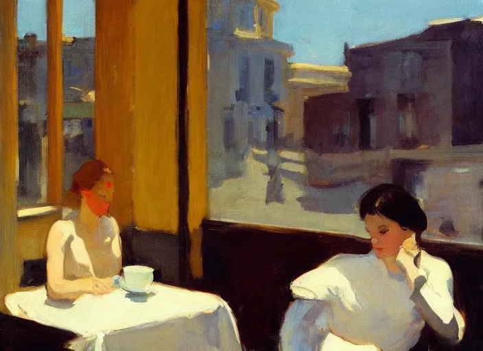 Image similar to artwork by malcolm liepke and edward hopper, an extrior view of a cafe in the afternoon