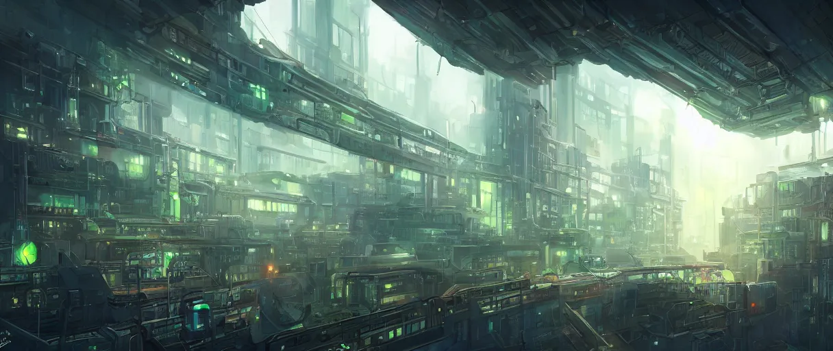 Image similar to futuristic city of factories, concept art, digital painting, style of jordan grimmer, dark green lighting, futuristic, volumetric lighting, view from below, symmetrical, vivid colours, bright, daytime, godrays