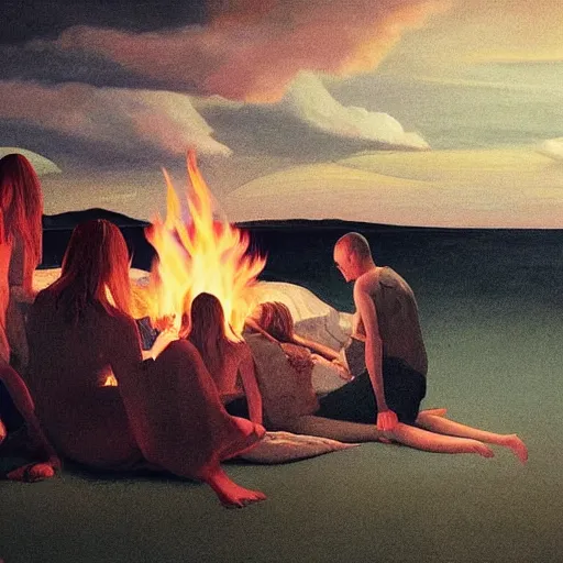 Image similar to Elle Fanning resting at a cult bonfire at night in the world of Edward Hopper, stormy weather, beach, extremely detailed masterpiece, oil on canvas, low-key neon lighting, artstation, Blade Runner 2049, Roger Deakin’s cinematography, by J. C. Leyendecker and Peter Paul Rubens,