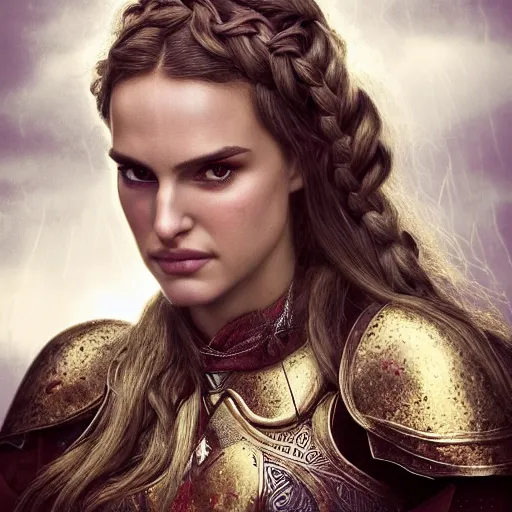 Prompt: head and shoulders portrait of a female knight, young natalie portman, golden etched armor, lord of the rings, celtic hair braid, eldritch ruby amulet, thunderstorm, by artgerm, alphonse mucha, face detail, sharp focus, high key lighting, vogue fashion photo