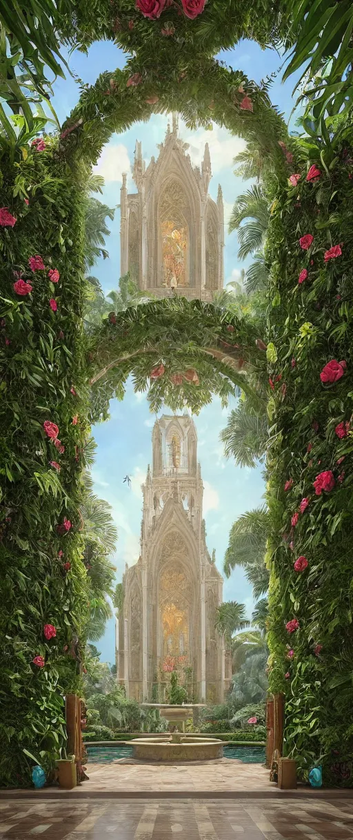 Image similar to beautiful cathedral interior with koi pond in the middle surrounded by palm trees, ivy, flowers, tropical plants, roses, and with archways, rendered in octane render with photorealistic volumetric lighting, cinematic,!! horizontal symmetry!!!, symmetrical, a flemish baroque by thomas cole, sanctuary, unsplash contest winner, maximalism, sanctuary