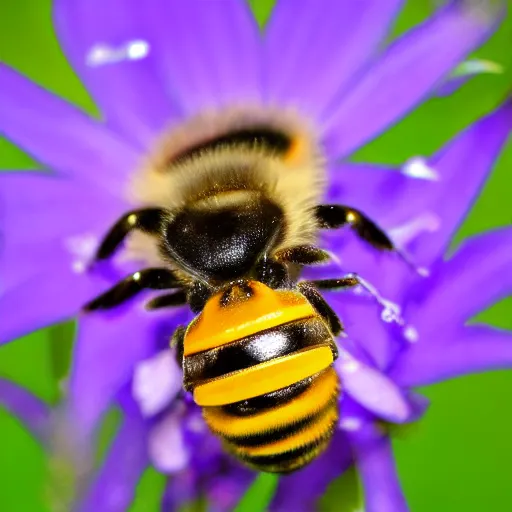 Prompt: a happy bee looking straight into the camera, macro photography, ambient light, perfect focus