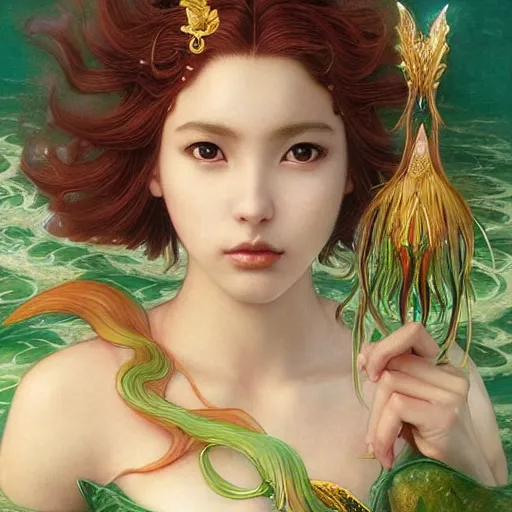 Prompt: Masterpiece painting of a young Sakura Kinomoto from cardcaptor Sakura as a mermaid, drawn by Donato Giancola and Tom Bagshaw face by Artgerm and Edmund Leighton