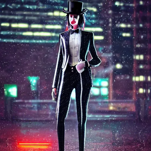 Image similar to stylish woman made out of rain, pinstripe suit, top hat, cyberpunk background, rendered in octane, unreal engine, highly detailed, trending on artstation, realistic, neon, beautiful