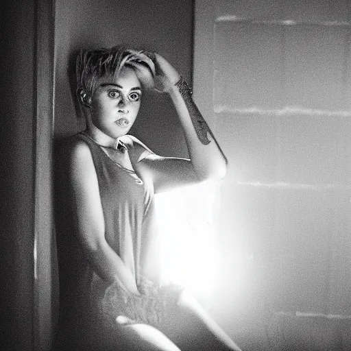 Image similar to Miley Cyrus in a dark room, movie still, photography, DSLR 35mm, low light photography, sadness