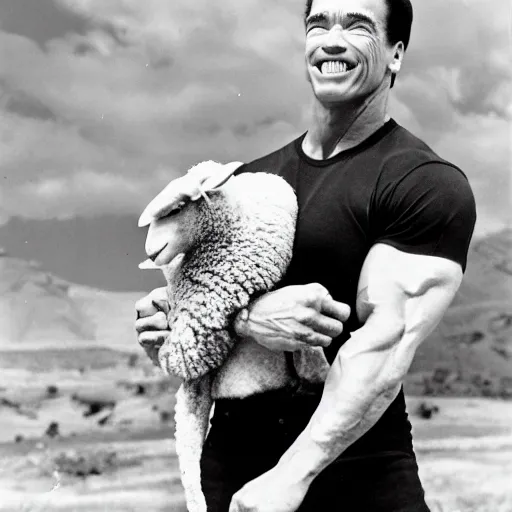 Prompt: arnold schwarzenegger lifting a sheep as nendoroid!, kodak film