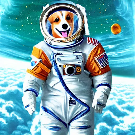 Image similar to a corgi cosmonaut in space, beautiful digital painting