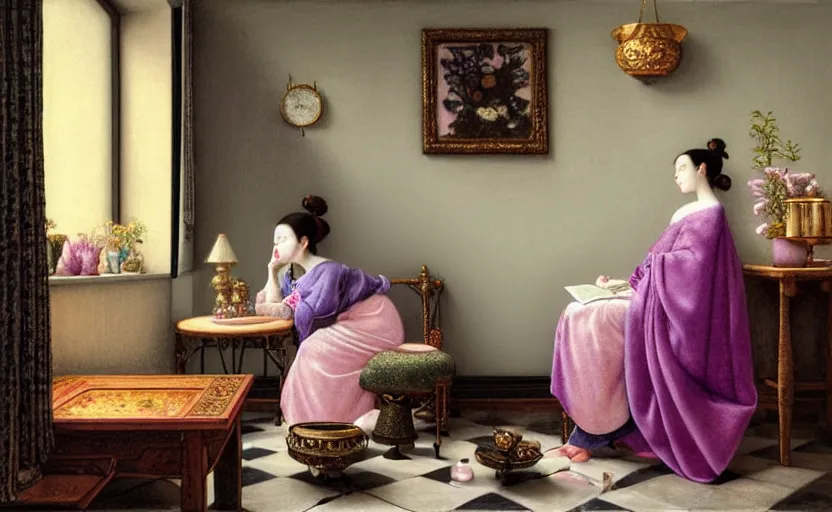 Image similar to a pastel drawing of a woman wizard, ornate clothing, lounging on a purpur pillow on the marbled checkered floor in her study room reading an ancient tome. to the side is a potted plant, moody candlelit raytracing. ancient scifi fantasy setting. detailed face, sharp focus. by chie yoshii and vermeer