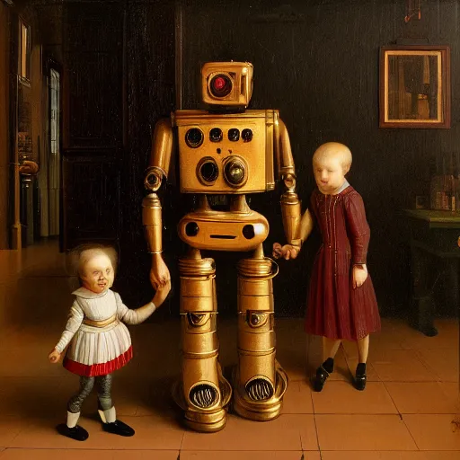 Prompt: an old painting of a robot from 1 8 5 0 raising a young little human child by jan van eyck, holding hands, ancient environment, aesthetic, 8 k, realistic painting, 4 k, trending on artstation, very detailed, photorealistic lighting