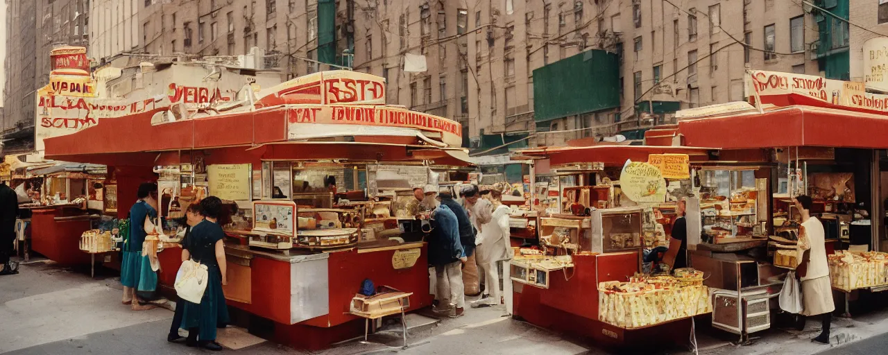 Image similar to food stand featuring spaghetti bowls, in downtown nyc, kodachrome, in the style of wes anderson, retro