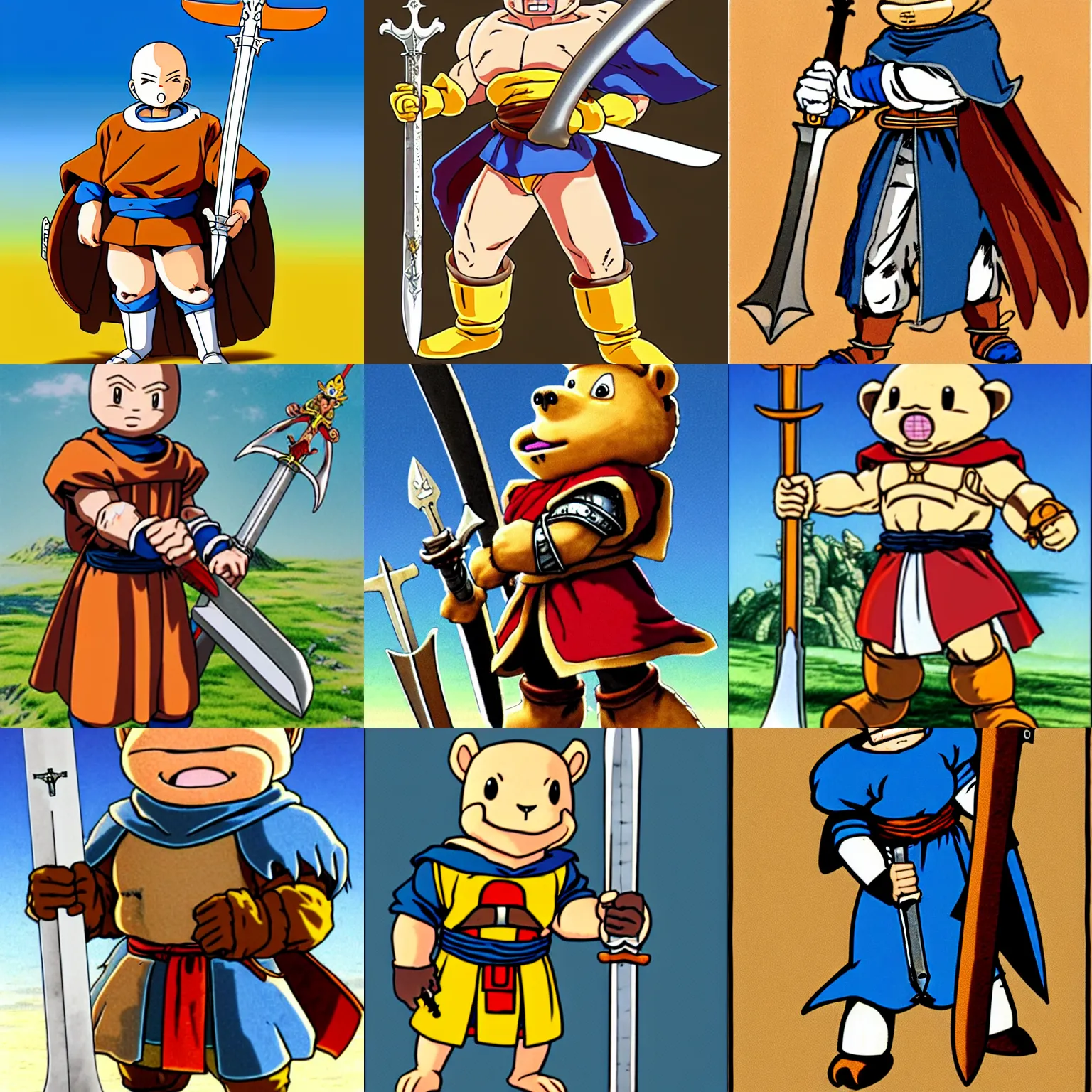 Image similar to character design for medieval holy crusader crusader, anthropomorphic beaver, anthropomorphic beaver, holding enormous greatsword, beloved design by Akira Toriyama, Akira Toriyama