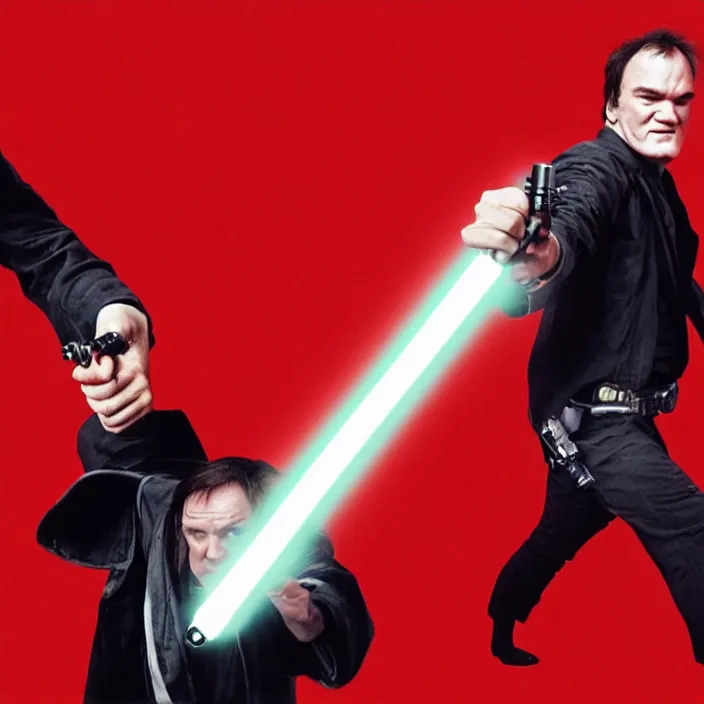 Image similar to quentin tarantino raising a lightsaber with his right hand, giving thumbs up with his left hand. without characters. red and black background. cinematic trailer format.