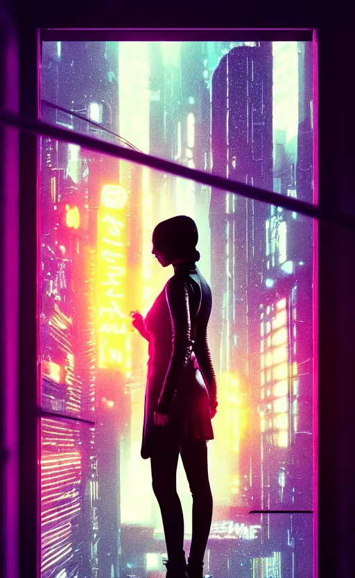 Prompt: vertical movie frame portrait of girl in blade runner 2 0 4 9 bedroom interior, neon - decorated urban on night in the city seen through the window, cyberpunk interior design, architectural design, vintage, night blade runner, dark, postapocalyptic, clean lines, 4 k, octane, asian futuristic city at distance, big windows, octane, wide angle