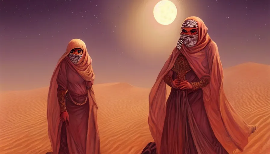 Image similar to Portrait of very very very very very very beautiful Arab woman wearing a burqa, glowing gold eyes, under giant full moon in the desert, intricate, elegant, highly detailed, digital painting, artstation, concept art, smooth, sharp focus, illustration, greg rutkowski, artgerm, alphonse mucha, masterpiece