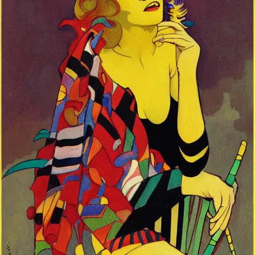 Image similar to art by joshua middleton, the yellow creeper, a tall manically smiling yellow - skinned man with green and black striped cycling shorts and wearing a long red feather boa, mucha, kandinsky, poster, comic art, stylised design