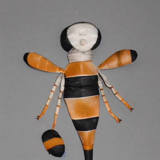 Image similar to an anthromorphic bee woman wearing striped couture made out of wax and paper