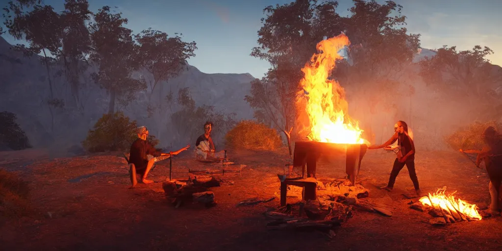 Image similar to indegenous people making fire, andean sunset, unreal 5, hyperrealistic, realistic, photorealistic, dynamic lighting, highly detailed, cinematic landscape, studio landscape, studio lighting