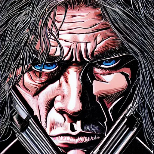 Image similar to close up portrait artwork of man with mullet, half face cyborg. From The Terminator 1984. Artwork by Dan Mumford