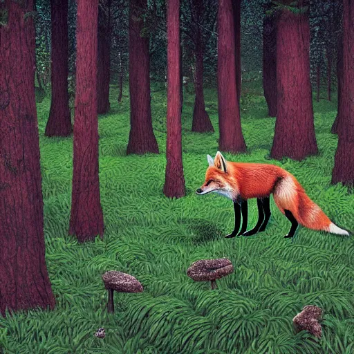 Image similar to a red fox and a ginger teen girl at dark forest where trees are huge, ultra realistic by ori toor and escher