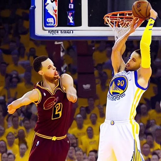 Prompt: Steph Curry posterizing dunk over Lebron James
