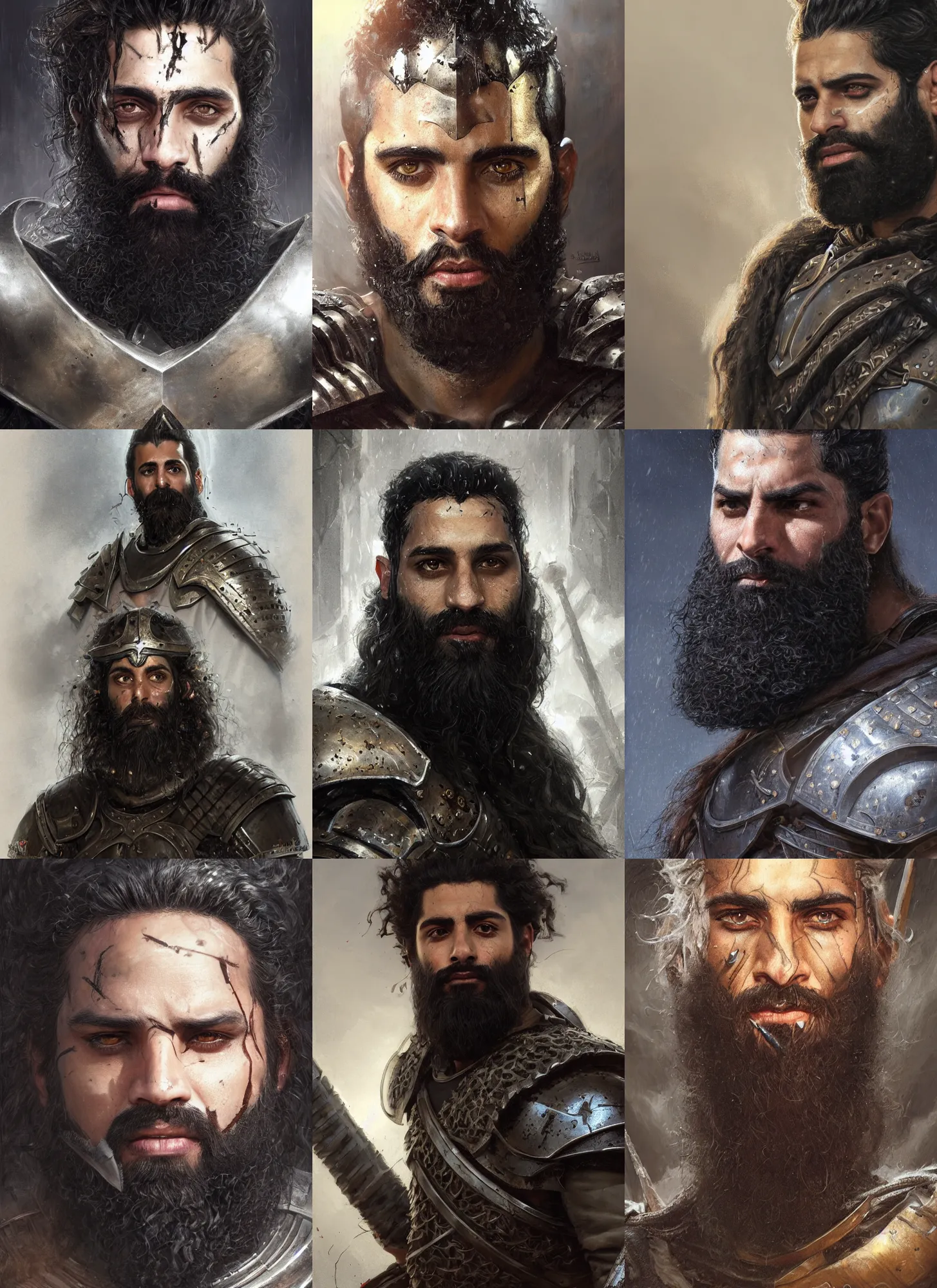 Prompt: a portrait of mena massoud as a bearded man, battle scars and marks on face, paladin armor, black hair, some grey hair in beard, style by donato giancola, wayne reynolds, jeff easley dramatic light, high detail, cinematic lighting, artstation, dungeons and dragons