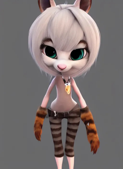 Prompt: female furry mini cute style, character adoptable, highly detailed, rendered, ray - tracing, cgi animated, 3 d demo reel avatar, style of maple story and zootopia, maple story rat girl, grey rat, dark skin, soft shade, soft lighting