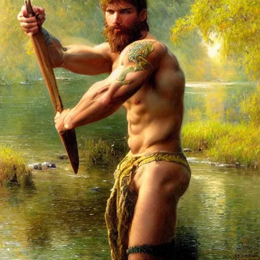 Prompt: young warrior by a river, playful, male, muscular, green eyes!!!!, straight nose!!!!!, beard, detailed face, thighs!!!!! gorgeous, amazing, muscular, intricate, highly detailed, painting by Gaston Bussiere, Craig Mullins