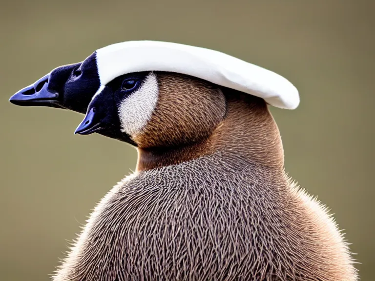 Image similar to Canadian Goose with a funny hat, Portrait Photo, Photorealistic, 100mm lens, out of focus