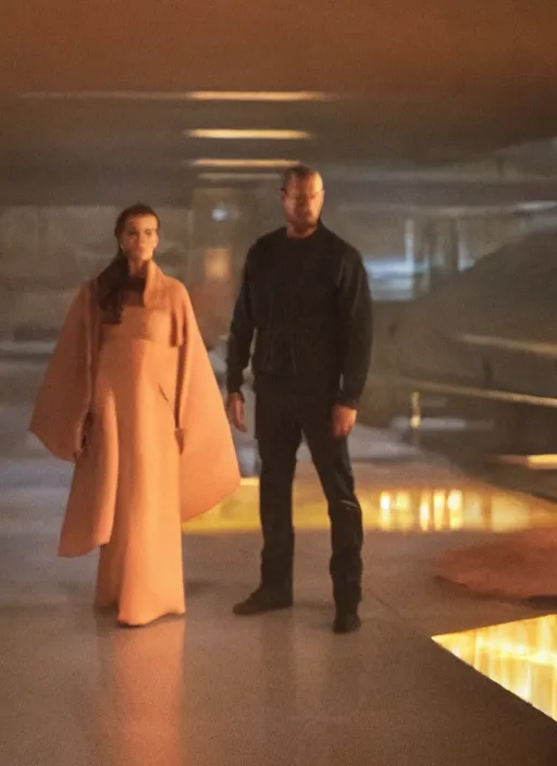 Prompt: a pov shot, color cinema film still of walter white & kate middleton in blade runner 2 0 4 9, cinematic lighting at night.