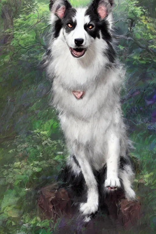 Image similar to portrait of a cute male anthropomorphic border collie fursona wearing a suit in a sunny glade. by henry asencio, jon foster, and ross tran. scenic background, highly detailed, concept art, furry, glamor pose, elegant, aesthetic, beautiful, trending on artstation, top rated on furaffinity and deviantart