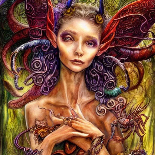 Image similar to portrait of a scorpion fairy, fantasy, magic realism, whimsical, horror, art by josephine wall and and hr geiger and chengwei pan and amanda sage, intricately detailed, highly detailed, luxurious, elegant, clean, unsettling, trending on artstation