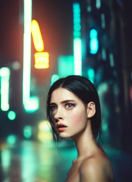 Prompt: A hyper realistic and detailed head portrait photography of young brunette female of Blade Runner 2049 on a futuristic street. by David Dubnitskiy. Neo noir style. Cinematic. neon lights glow in the background. Cinestill 800T film. Lens flare. Helios 44m