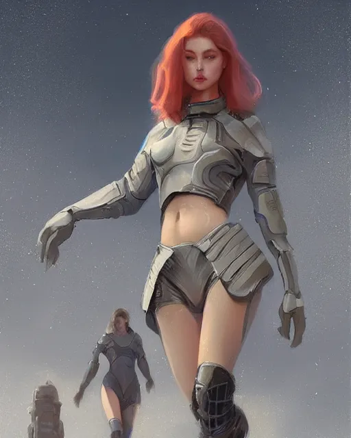 Prompt: girl wearing futuristic space armor walking on a street in prague, official art, by charlie bowater, by jeremy lipking, realistic expressive digital art, gorgeous attractive face, cgscociety