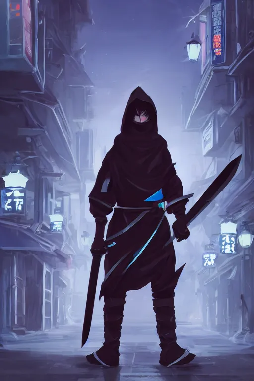 Prompt: a boy wielding a greatsword wearing a dark hoodie walking at the streets of Tokyo at night, concept art, digital painting, night lights, vending machines, aesthetic, trending on artstation, 8k, epic composition, intricate details, sharp focus