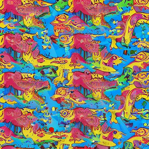 Image similar to a colourful dinosaur pattern with tyrannosaurus rex, spinosaurus, mosasaurus and velociraptor in the style of takashi murakami, anime, fine detail, digital art, high resolution