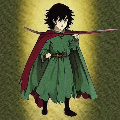 Image similar to peregrin took from the anime lord of the rings (1986), dark hair, green cape, studio ghibli, very detailed, realistic