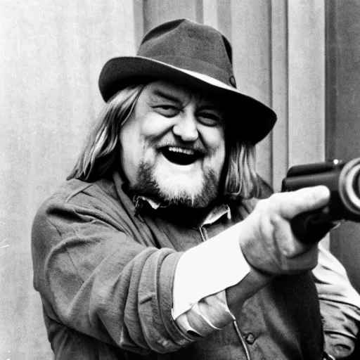 Image similar to laughing robert wyatt pointing a gun at the camera