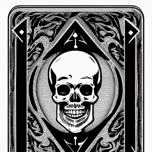 Prompt: generate a beautiful ace of spades card, skull in middle, dark tint, cybernetic corners, post denoised, camera focus