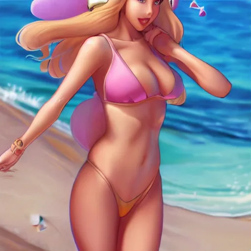 Image similar to beautiful princess peach in a bikini on the beach drawn by artgerm