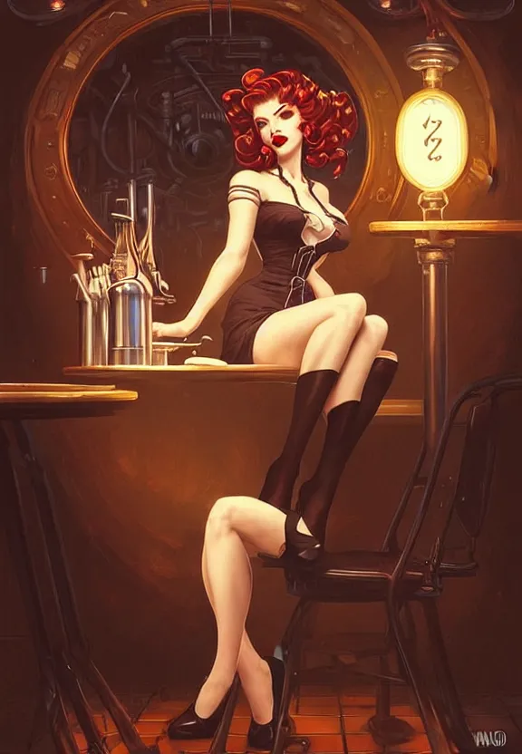 Image similar to Necromancer waitress of a small 50’s style diner serving cold drinks, fantasy magic, dark pin-up style hair, dark light night, intricate, elegant, sharp focus, illustration, highly detailed, digital painting, concept art, matte, art by WLOP and Artgerm and Greg Rutkowski and Alphonse Mucha, masterpiece